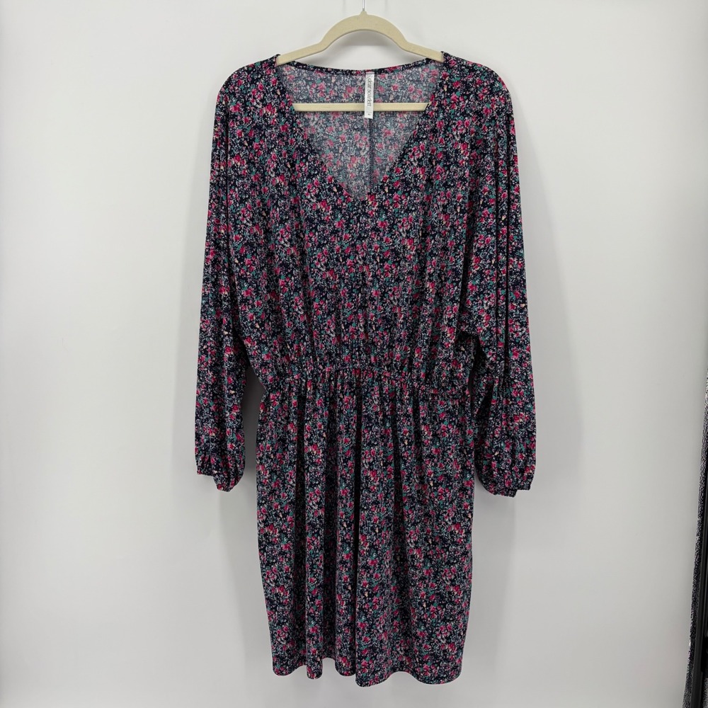 Dear Scarlett Womens XL Navy Pink Floral V-Neck Long Sleeve Smocked Waist Dress